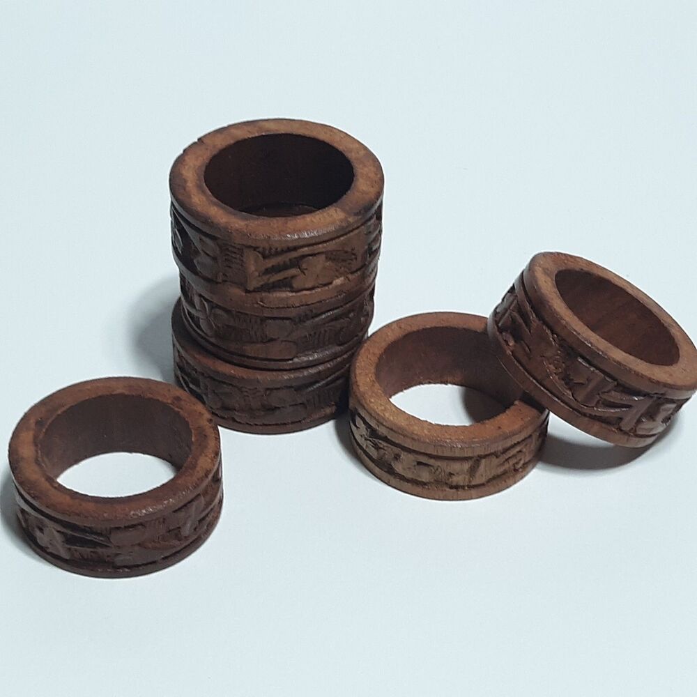 6pc Beautiful Boho Hand Carved Wooden Napkin Rings Holders Flowers Leaves